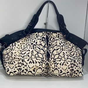 KENNETH COLE NEW YORK Large Leopard Print Calf Hair/ Black Leather Satchel
